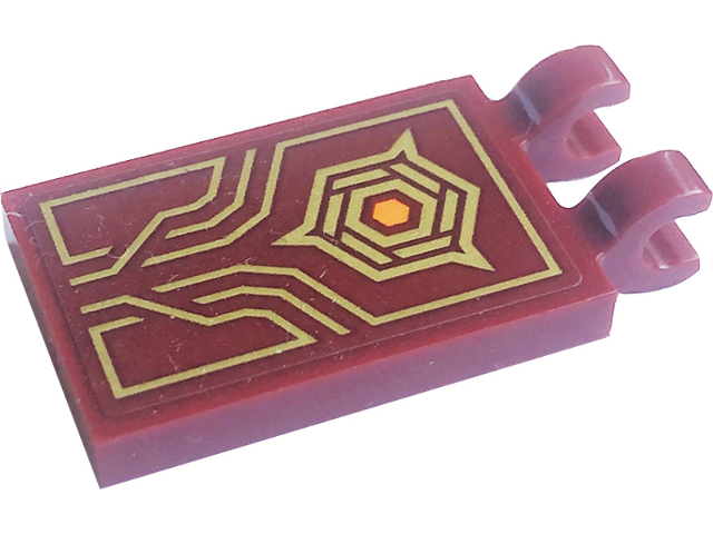 Lego Tile, Modified 2 x 3 with 2 Open O Clips with Orange Hexagon, Pearl Gold Lines and Border Pattern (Sticker) - Set 71790