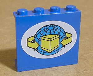 Lego Panel 1 x 4 x 3 - Solid Studs with Wire Frame Globe and Yellow Box and Curved Arrows on White Oval Pattern (Sticker) - Set 4549 / Blue