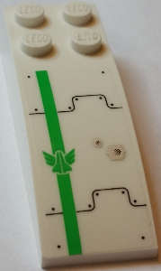 Lego Slope, Curved 6 x 2 with Bright Green Stripe and Galaxy Squad Logo, Metal Plates, Bolts and Bullet Holes Pattern (Sticker) - Set 70704 / White