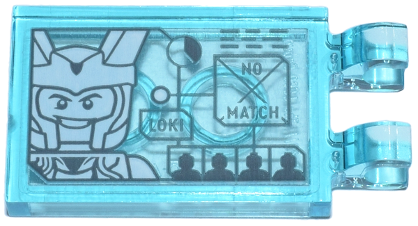 Lego Tile, Modified 2 x 3 with 2 Open O Clips with Digital Display 'LOKI' and 'NO MATCH' and White Loki Head Pattern (Sticker) - Set 76269 / Trans-Light Blue