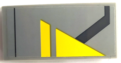 Lego Slope, Curved 4 x 2 with Yellow Triangle and Angled Dark Bluish Gray Stripe Pattern Model Left Side (Sticker) - Set 75150