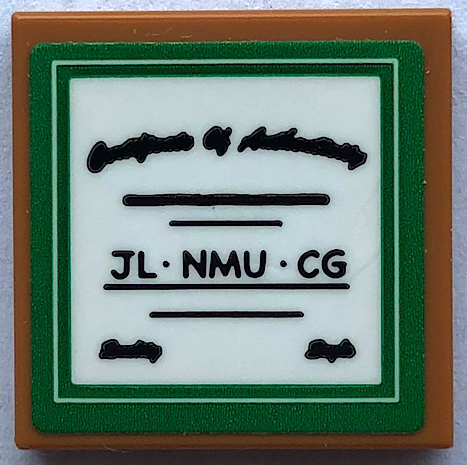 Lego Tile 2 x 2 with Black 'Certificate of Authenticity', 'JL.NMU.CG' and Green Border Pattern (Sticker) - Set 21336