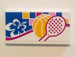 Lego Tile 2 x 4 with White and Blue Flower, Basketball and Tennis Racket Pattern (Sticker) - Set 41058