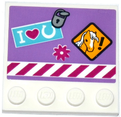 Lego Tile, Modified 4 x 4 with Studs on Edge with Lock, Horse Danger Sign, Flower, 'I', Heart, Horseshoe, and Danger Stripes Pattern (Sticker) - Set 41125
