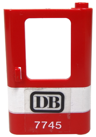 Lego Door 1 x 4 x 5 Train Right, Thin Support at Bottom with White Stripe and 'DB 7745' Pattern (Sticker) - Set 7745 / Red