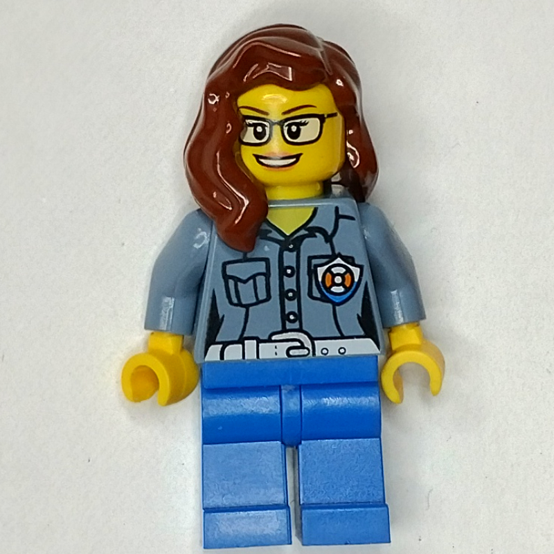 Lego Coast Guard, Woman, Sand Blue Shirt with Badge, Reddish Brown Hair, Glasses