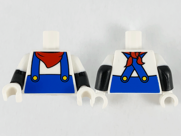 Lego Torso Shirt, Red Handkerchief, Blue Overalls and Yellow Buttons Pattern / Black Arms with Molded White Short Sleeves Pattern / White Hands