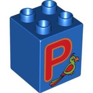 Lego Duplo Brick 2 x 2 x 2 with 'P' and Parrot Print / Blue