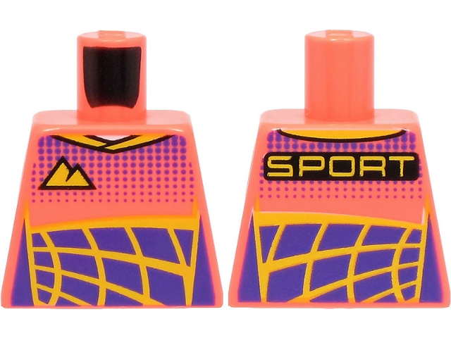 Lego Torso Racing Suit, Bright Light Orange Mountains Logo, Dark Purple Dots and Panels, 'SPORT' on Back Pattern / Coral