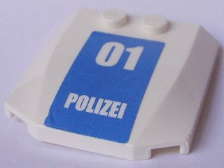 Lego Wedge 4 x 4 x 2/3 Triple Curved with White '01 POLIZEI' on Blue Background Pattern (Sticker) - Set 7744 / White