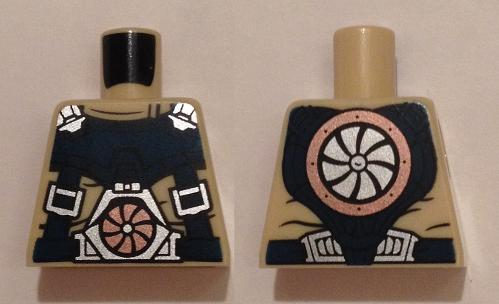 Lego Torso Dark Blue Harness with Silver Buckles, Copper Turbine on Front, Silver Turbine on Back Pattern / Tan