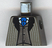 Lego Torso Suit Jacket Open with Light Gray Pinstripes and Black Lapels over Silver Vest with Buttons and White Shirt, Blue Tie Pattern / Dark Gray