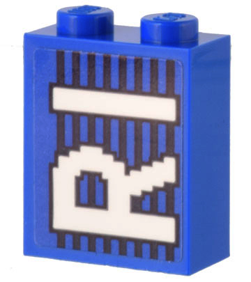 Lego Brick 1 x 2 x 2 with Inside Stud Holder with White 'RI' on Blue and Black Lines Pattern (Sticker) - Set 10299 / Blue