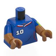 Lego Torso, Dual Molded Arms with Football Shirt, White/Red Trim, White '10', 'MBAPPÉ', Lime Band on Arm print, Blue Sleeves Pattern, Blue Arms, Medium Nougat Hands