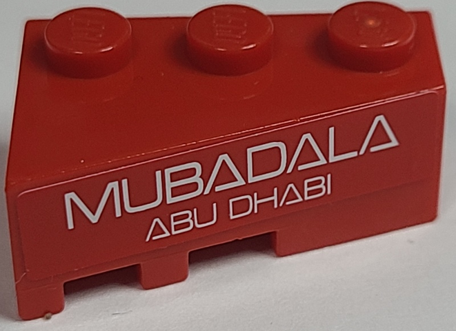 Lego Wedge 3 x 2 Right with White 'MUBADALA ABU DHABI' on Red Background Pattern (Sticker) - Set 8157 / Red