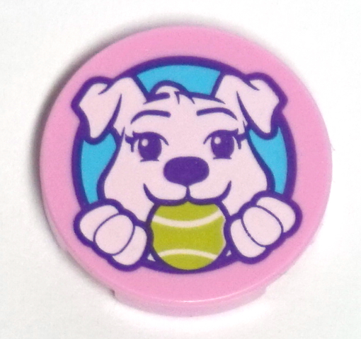 Lego Tile, Round 2 x 2 with Bottom Stud Holder with Puppy Dog Holding Ball in Mouth Pattern