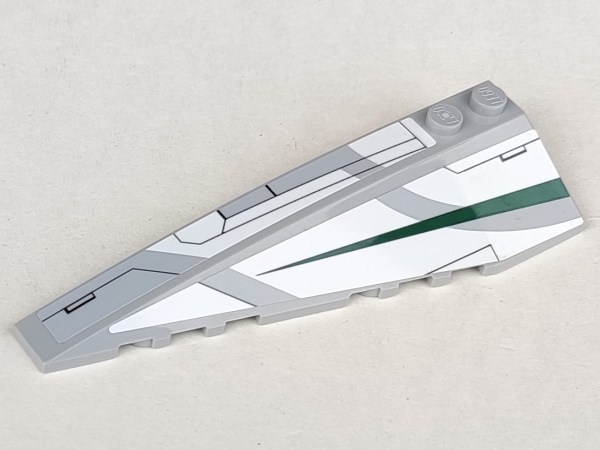 Lego Wedge 10 x 3 Left with Jedi Starfighter White Hull Panels and Dark Green Tapered Stripe Pattern (Stickers) - Set 7868 / Light Bluish Gray
