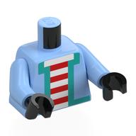 Lego Torso, Pixelated Jacket, Dark Turquoise Trim, White/Red Striped Shirt Print, Bright Light Blue Arms, Black Hands / Bright Light Blue
