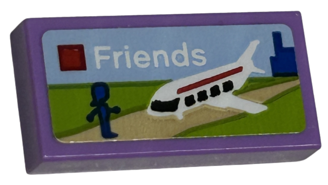 Lego Tile 1 x 2 with LEGO Friends Set Box Art, Blue Mini Doll Silhouette and White Airplane Pattern (Sticker) - Sets 40528 / 40574