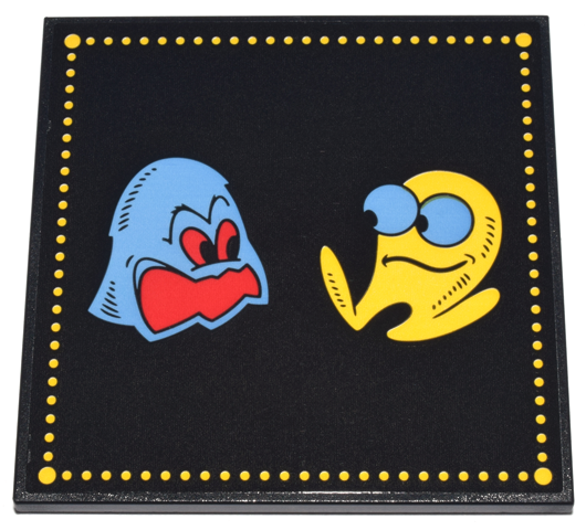 Lego Tile 6 x 6 with Bottom Tubes, Textured Surface with Yellow PAC-MAN and Medium Blue Ghost (Inky) with Red Eyes and Open Mouth Characters and Yellow Dotted Border Pattern (Sticker) - Set 10323 / Black