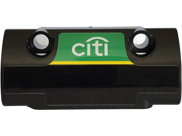 Lego Technic, Panel Curved 7 x 3 with 2 Pin Holes through Panel Surface with White 'citi' Logo, Green Panel and Yellow Stripe Pattern (Sticker) - Set 42240 / Black
