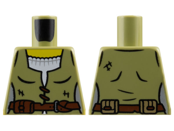Lego Torso Female Vest over White Shirt, Yellow Neck, Reddish Brown Laces and Belt with Pouch Pattern / Olive Green
