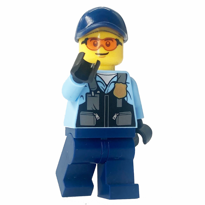 Lego Police Officer, Bright Light Blue Shirt, Dark Blue Vest, Legs, and Cap