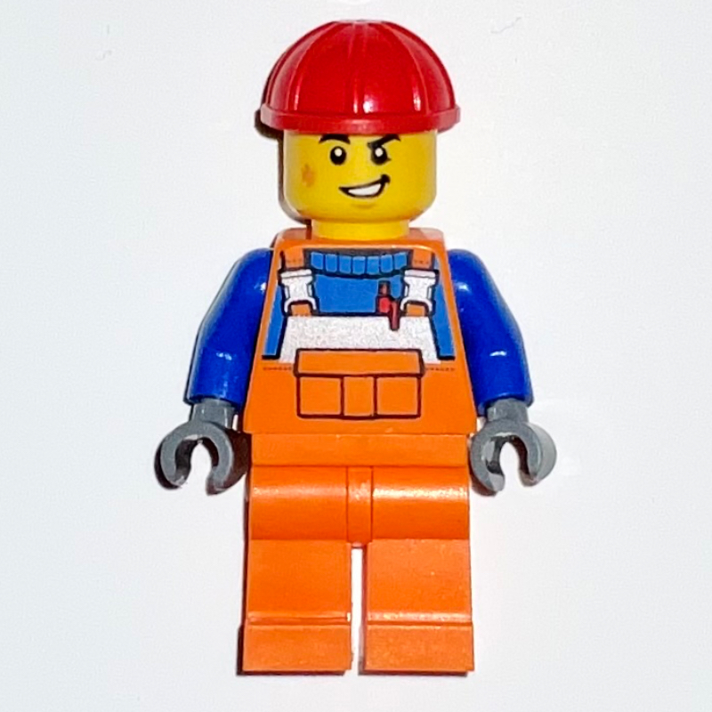Lego Construction Worker, Orange Overalls, Red Hard Hat
