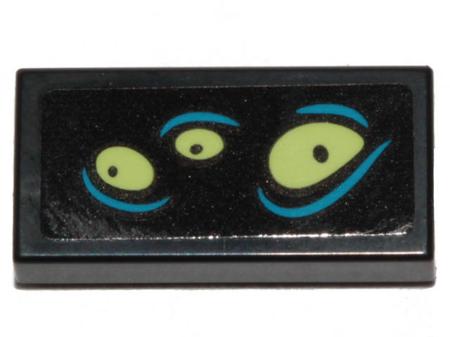 Lego Tile 1 x 2 with Yellowish Green Eyes and Dark Azure Lines Pattern 1 (Sticker) - Set 70433 / Black