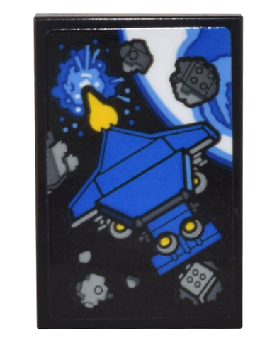 Lego Tile 2 x 3 with Poster Blue and Yellow Spaceship Galaxy Explorer, Planet, and Dark Bluish Gray Asteroids Pattern (Sticker) - Set 10306
