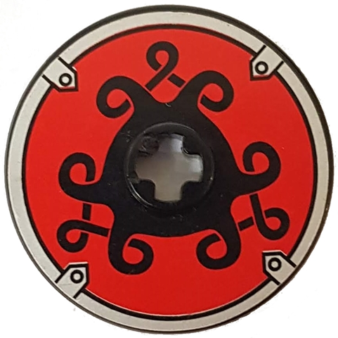 Lego Technic, Disk 3 x 3 with Viking Shield Black Curly / Red Pattern (Sticker) - Sets 7016 / 7018 / 7019 / 7021