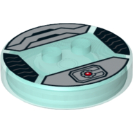 Lego Function Brick Round 4 x 4 x 2/3 with 2 Studs and Silver Cyborg Symbol Print / Trans-Light Blue