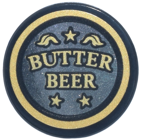 Lego Tile, Round 2 x 2 with Bottom Stud Holder with Gold 'BUTTER BEER' and Stars on Mirrored Background Pattern (Sticker) - Set 76457
