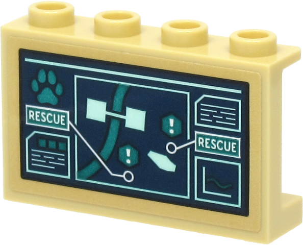 Lego Panel 1 x 4 x 2 with Side Supports - Hollow Studs with Dark Blue Screen with 'RESCUE', Map, Paw Print, Text and Chart Pattern (Sticker) - Set 60307