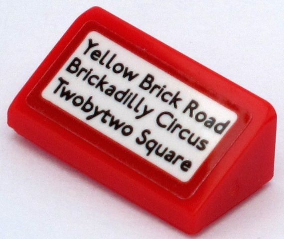 Lego Slope 30 1 x 2 x 2/3 with 'Yellow Brick Road', 'Brickadilly Circus' and 'Twobytwo Square' on White Background Pattern (Sticker) - Set 10258