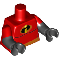 Lego Torso, Dual Molded Arms, 'I' Incredibles, Orange Belt Print, Red Sleeves Pattern, Black Arms and Hands / Red