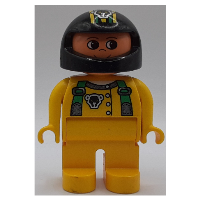 Lego Duplo Figure, Early, Helmet Black, Yellow Legs, Green Suspenders and Black Bear Head Print / Yellow