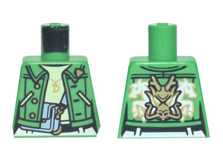 Lego Torso Jacket with Bright Light Blue Purse, Gold 'D' Necklace, Dragon Head, and 2 White Horses Pattern / Bright Green