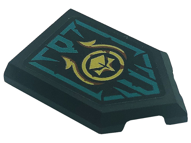 Lego Tile, Modified 2 x 3 Pentagonal with Gold Skull, Reddish Brown Rust and Dark Turquoise Border Pattern (Sticker) - Set 71755 / Black
