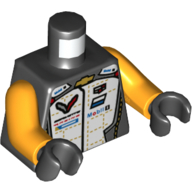 Lego Torso Race Jacket, White Chest with Chevron, Michelin, and Mobil Logos Print, Bright Light Orange Arms, Black Hands / Black