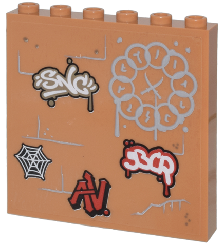 Lego Panel 1 x 6 x 5 with Brick Wall with Graffiti, Light Bluish Gray Ten Rings Symbol, Black and White Spider Web, and Red 'AV' Pattern (Sticker) - Set 76218