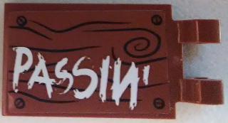 Lego Tile, Modified 2 x 3 with 2 Clips with White 'PASSIN'' on Wood Grain Background with 4 Screws Pattern (Sticker) - Set 70813 / Reddish Brown