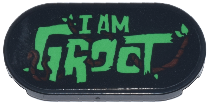 Lego Tile, Round 2 x 4 Oval with Bright Green Leaves, 'I AM GROOT' and Reddish Brown Vines Pattern (Sticker) - Set 76297 / Black
