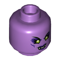 Lego Minifig Head Spider Queen, Lime Eyes with Dark Purple Shadow, Dark Purple Lips with Fangs / Metal Mouth Cover Print / Medium Lavender