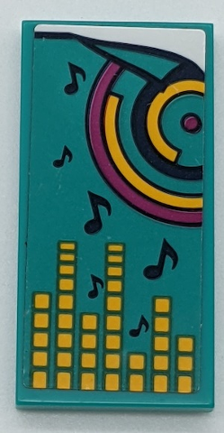 Lego Tile 2 x 4 with Dark Turquoise Blanket with Dark Blue Music Notes, Circles, Magenta Dot and Yellow Equalizer Bars Pattern (Sticker) - Set 41341