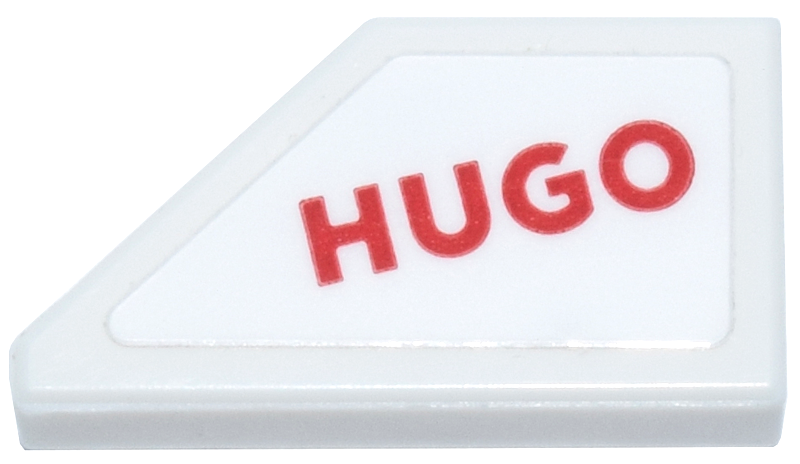 Lego Tile, Modified 1 x 2 Wedge Right with Red 'HUGO' Logo Pattern (Sticker) - Set 77246