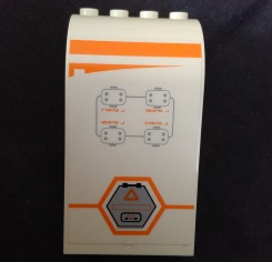 Lego Panel 3 x 4 x 6 Curved Top with Orange Stripe, Gray Hexagonal Hatch and Controls Pattern Model Left Side (Sticker) - Set 7644 / White
