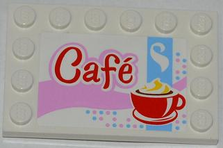 Lego Tile, Modified 4 x 6 with Studs on Edges with 'Café' (Cafe) and Red Cup and Saucer Pattern (Sticker) - Set 3061