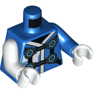 Lego Torso, Odd Arms, Robes with White Trim, Pearl Titanium Straps with Azure Circles Print, Left Blue Arm, Right White Arm, White Hands / Blue