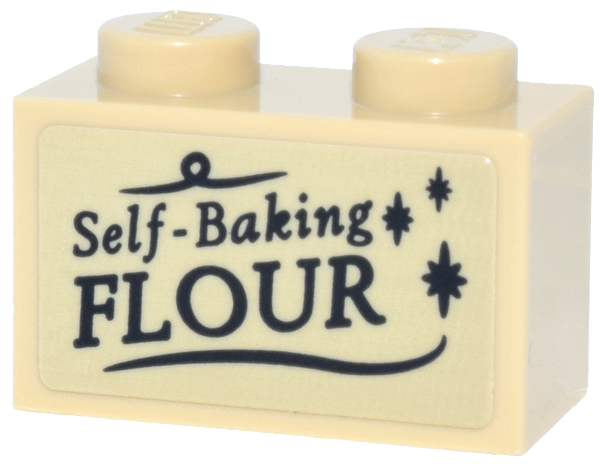 Lego Brick 1 x 2 with Black 'Self-Baking FLOUR' Curved Lines and Sparkles Pattern (Sticker) - Set 76457 / Tan